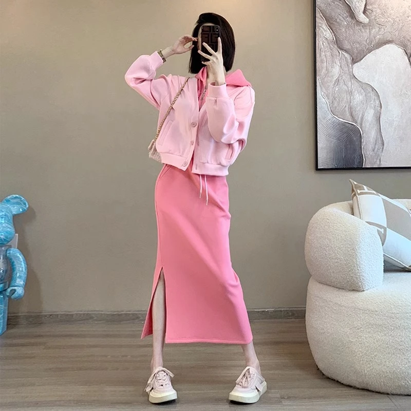 春秋盐系粉色休闲运动套裙女洋气减龄假两件外套上衣半身裙两件套
