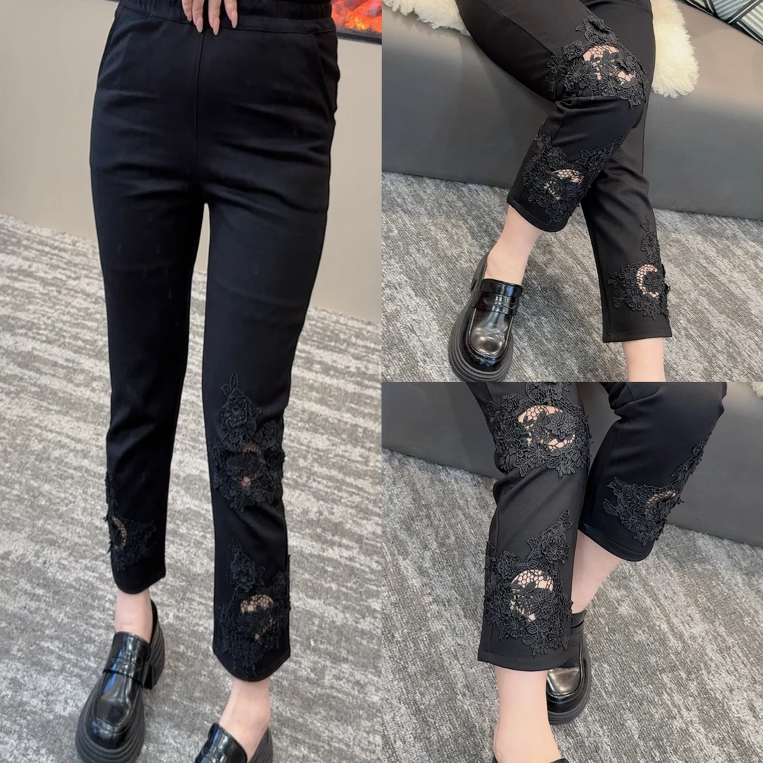 【菲凡】2036蕾丝刺绣拼接黑色设计感百搭高腰裤