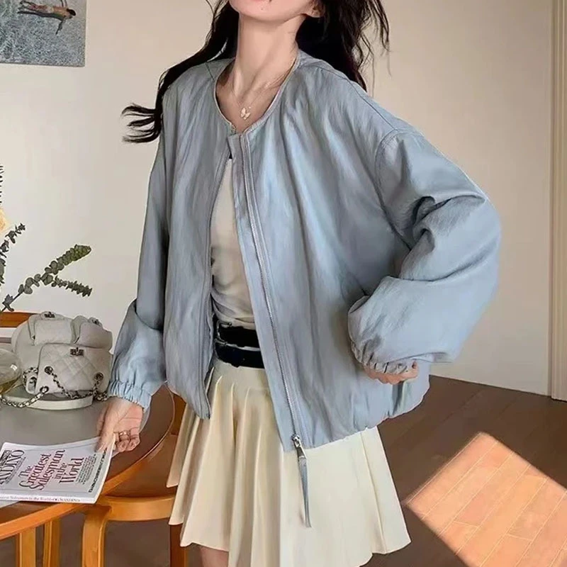 学院蓝色棒球服外套短款女春秋2025新款韩版宽松小个子夹克pu皮衣