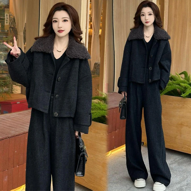 时尚套装女2025冬季新款洋气翻领加棉加厚毛呢短外套阔腿裤两件套