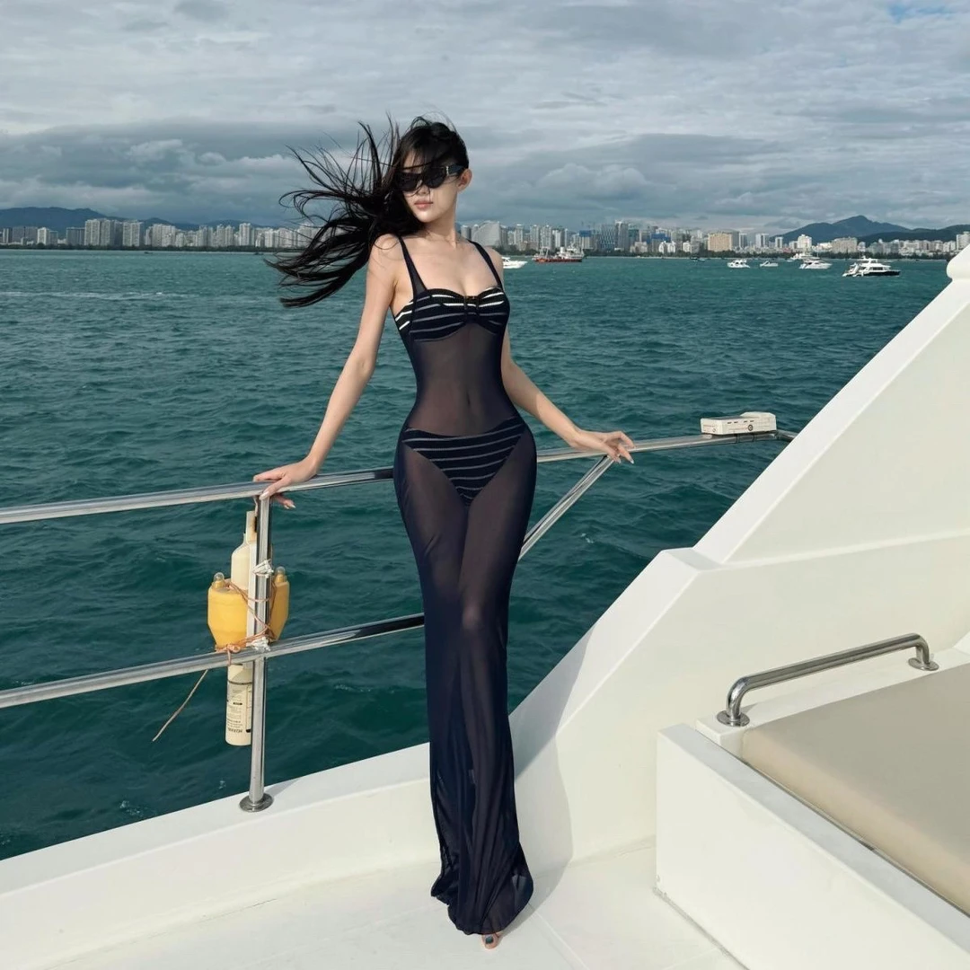 新款欧美风性感辣妹透视连体网纱长裙出海度假拍照条纹比基尼泳衣