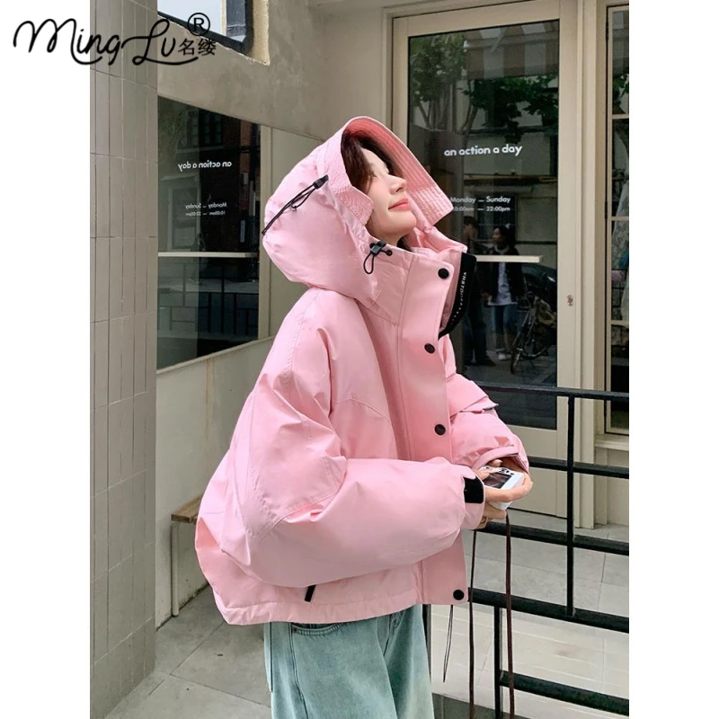 粉色连帽拼接冲锋衣羽绒服2025新款女冬设计感漂亮爆款加厚短外套