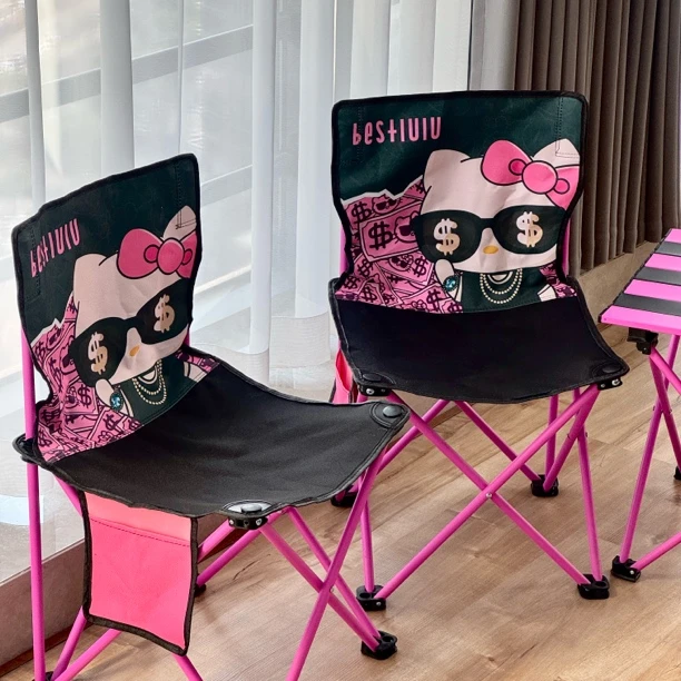 有钱猫多巴胺黑粉撞色折叠小马扎便携户外露营