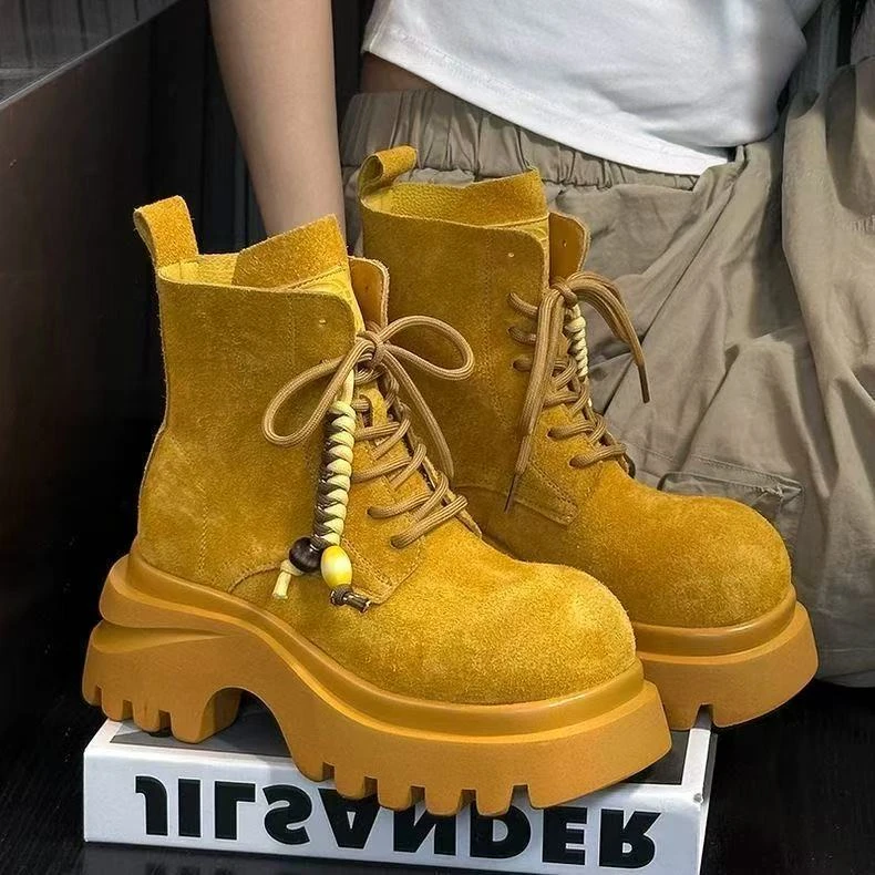 大黄靴时尚牛皮中筒欧货磨砂大头松糕厚底马丁靴女2025新款短靴子