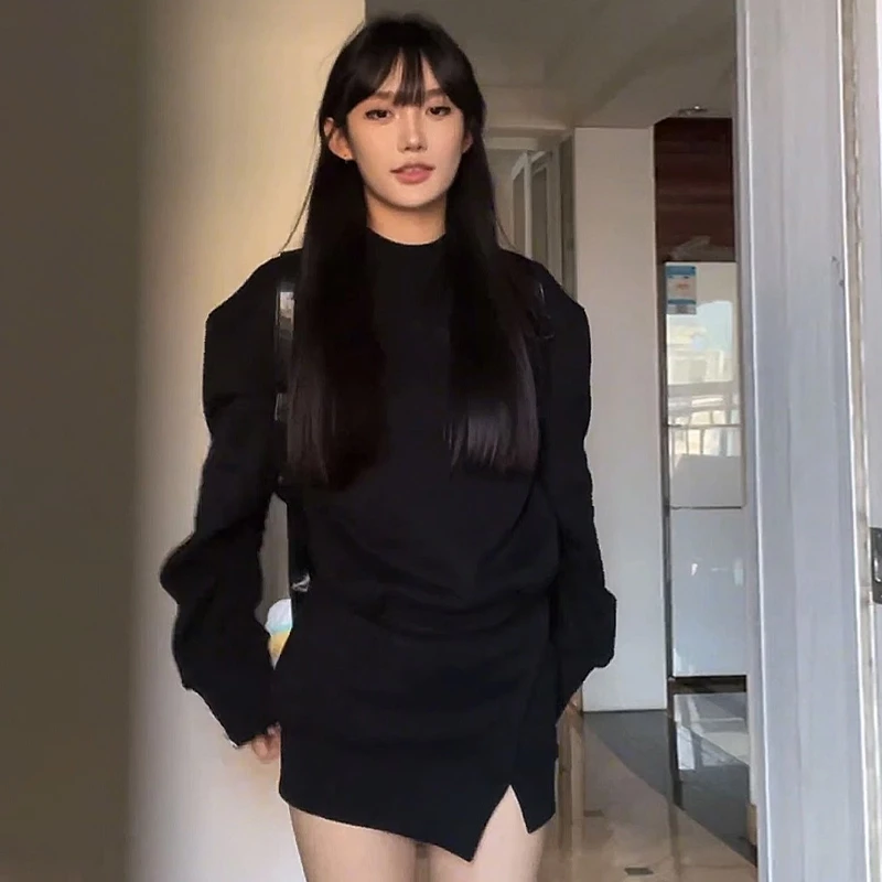 美式辣妹不规则拼接假两件加绒卫衣连衣裙女小众高级开视卫衣裙子