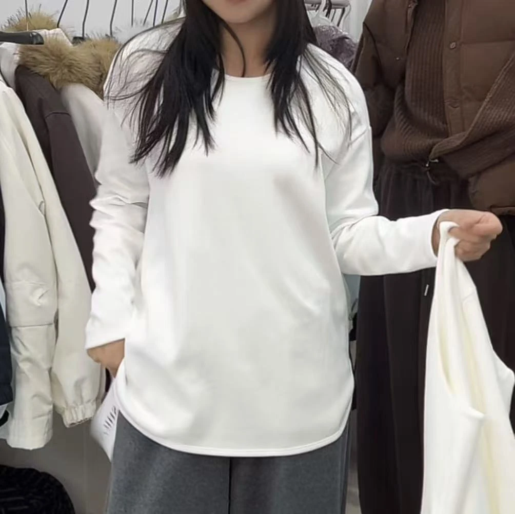 女保暖U型领长袖中长款宽松型T恤休闲秋冬宽松女款