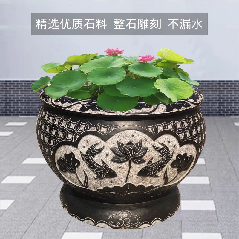 青石石雕鱼缸花盆庭院室外古家用旺宅荷花门水缸