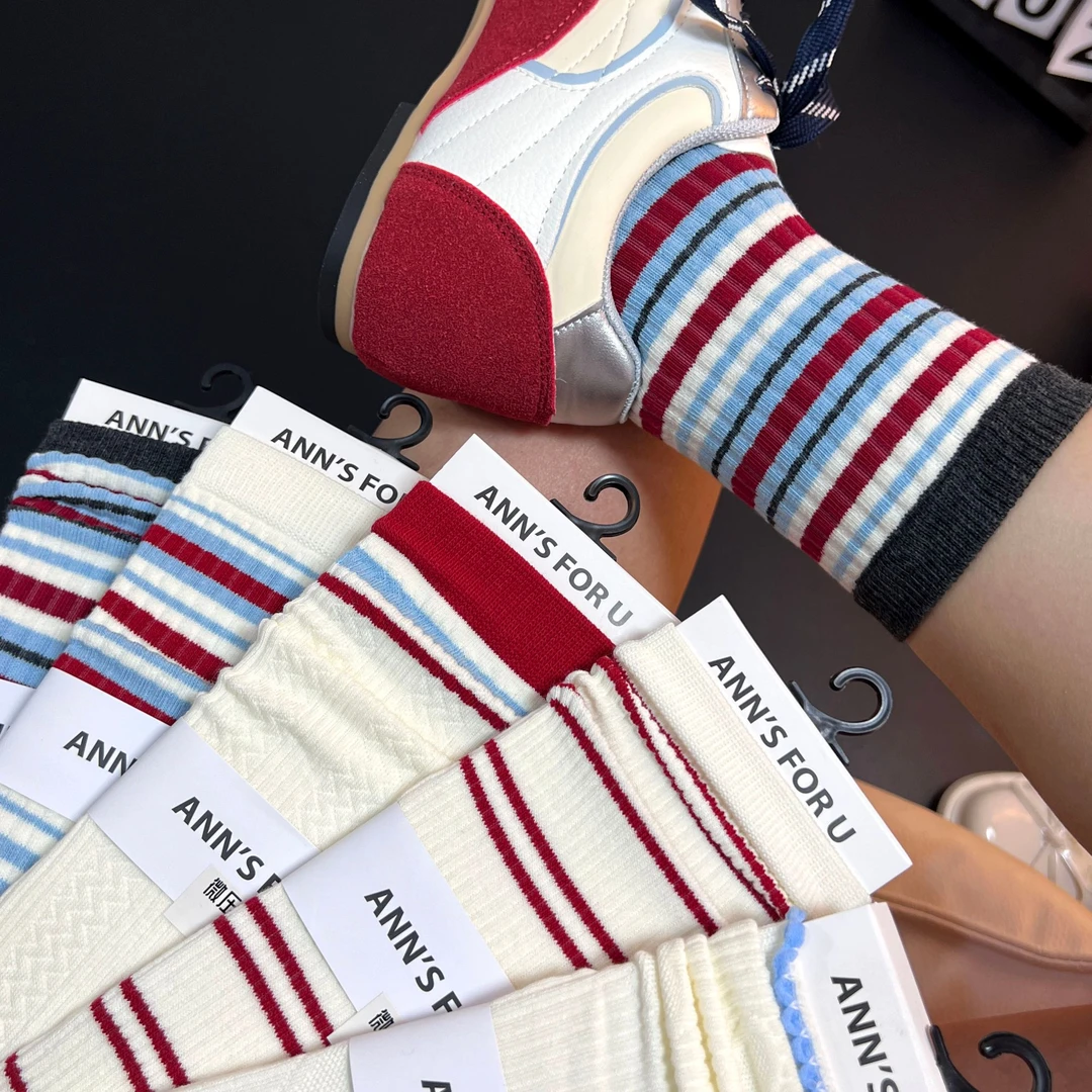 【5双装】秋季中筒袜子精澳棉学院风百搭彩色撞色条纹微压袜女