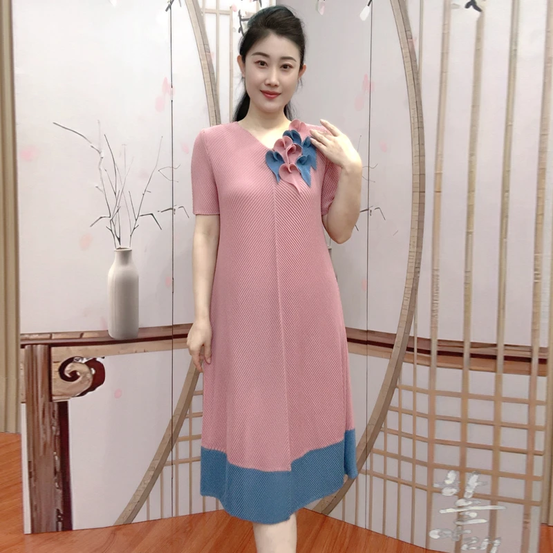 时尚气质三宅褶皱连衣裙女装长裙龙鳞条纹中长裙设计师裙子夏季