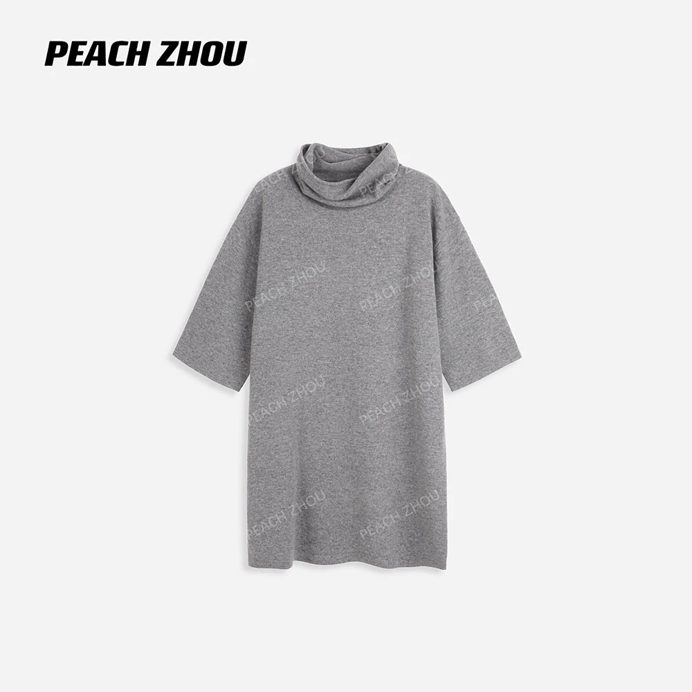 『PEACHZHOU』100羊毛知识分子针织半高堆堆领宽松极简休闲毛织短袖