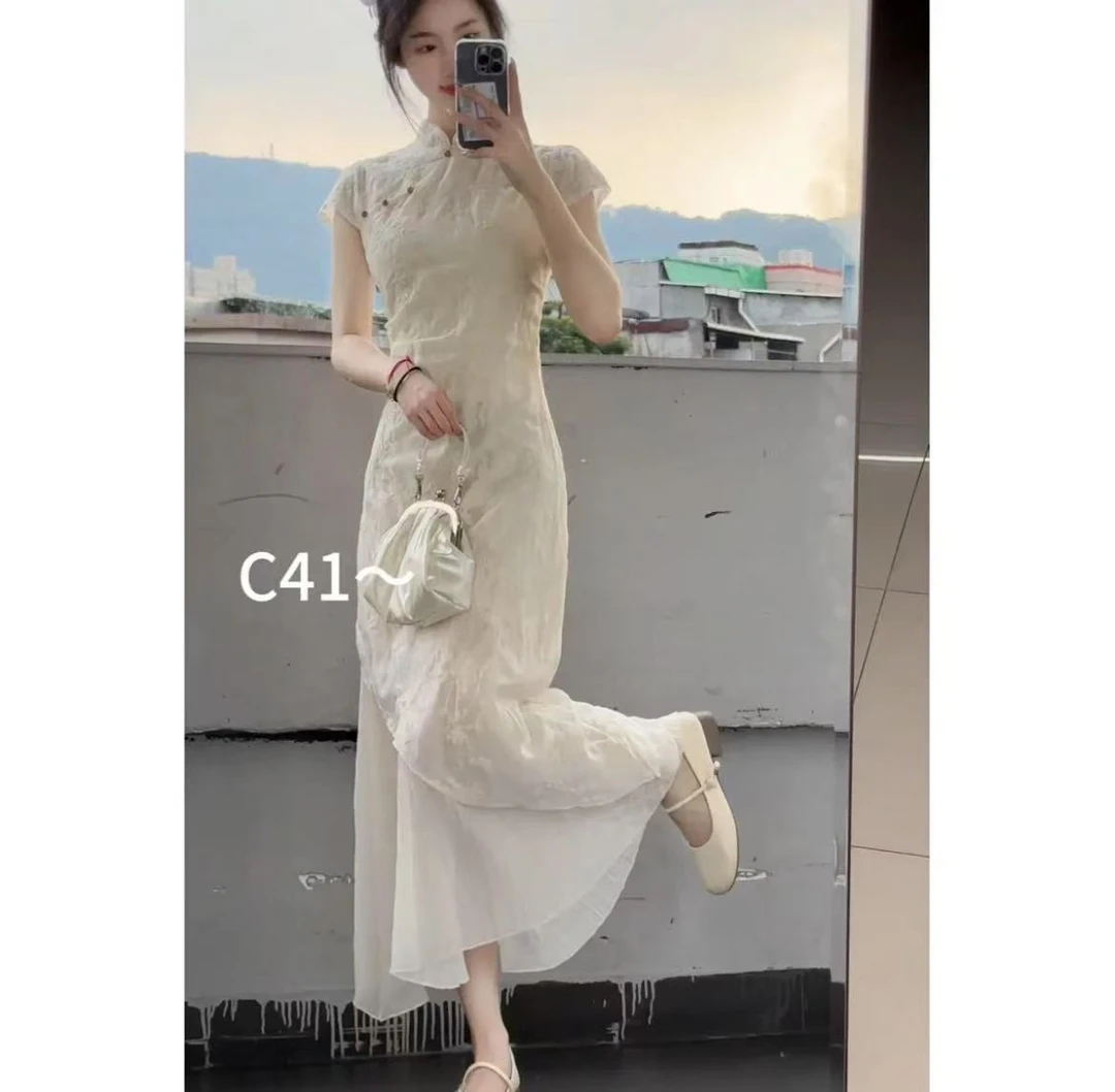 【C41】新中式2025夏温柔不规则拼接假两件改良旗袍连衣裙