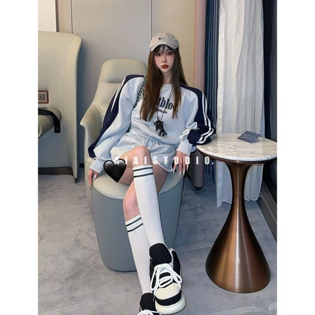 AIAI【AB版】韩代垫肩字母休闲卫衣卫裤高腰短裤套装女春夏新款