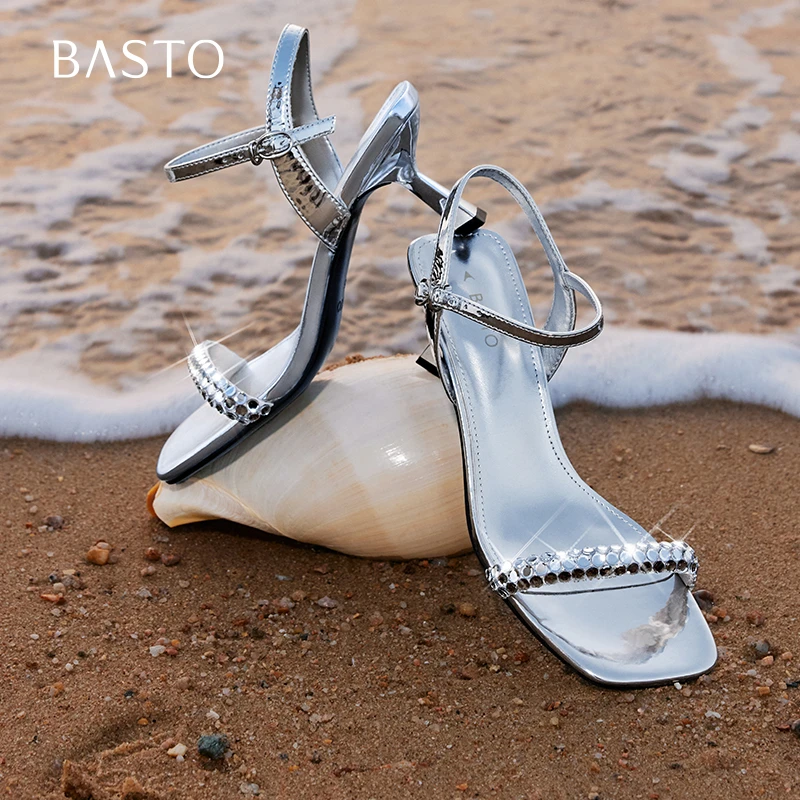 百思图2025夏季新款时尚潮流一字带细高跟女凉鞋鞋B5302BL5