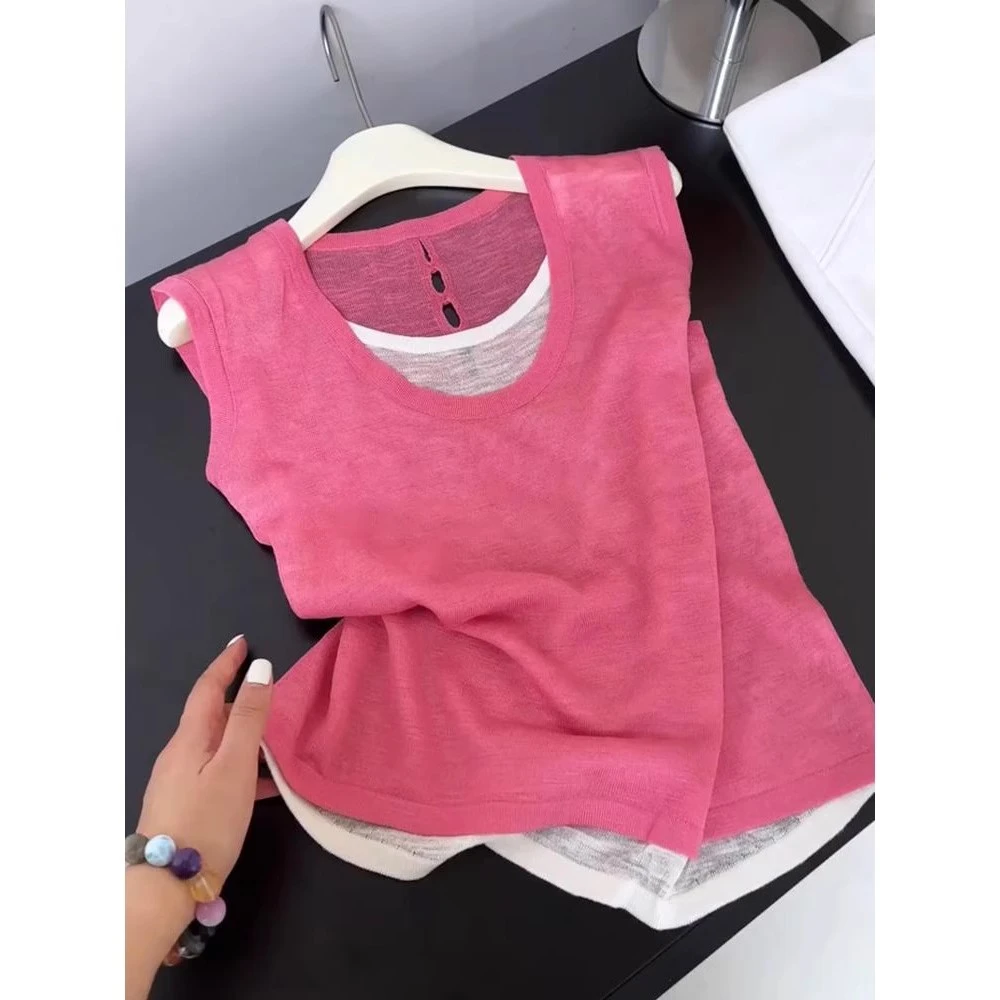 今年流行漂亮别致独特高级感上衣减龄树莓粉色假两件背心T恤女夏