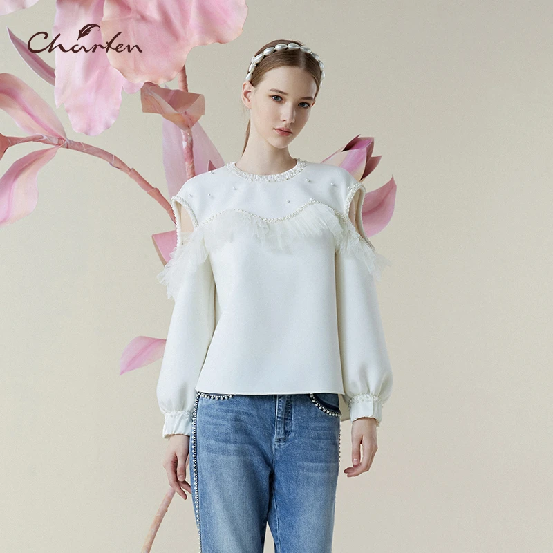 【达人专属】朝峰春季荷叶领宽松型镂空拼接长袖衬衫CFE1C131-1053B