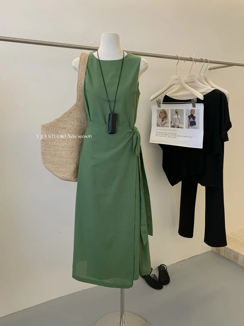 法式文艺复古围裹一片式绑带收腰显瘦连衣裙夏季简约气质背心裙