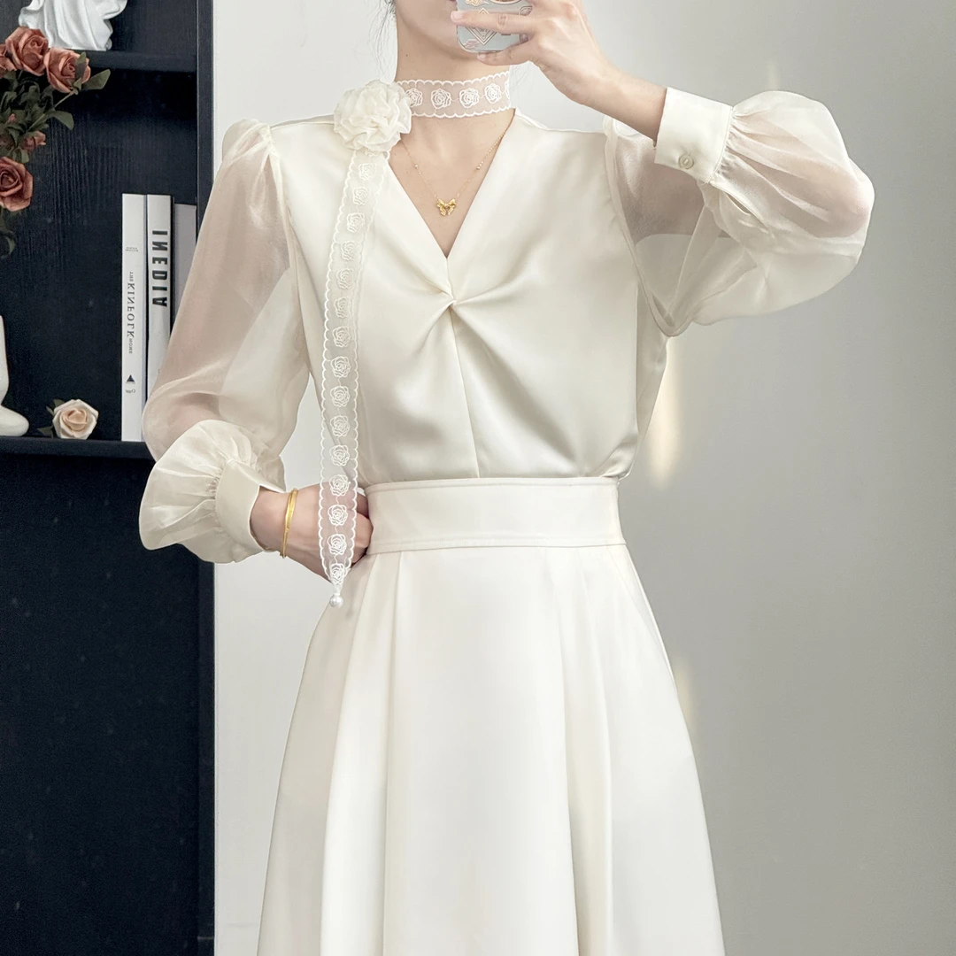 拉夏贝尔25夏季富家千金气质轻奢高级飘带衬衫+半身裙 10349 KXJ