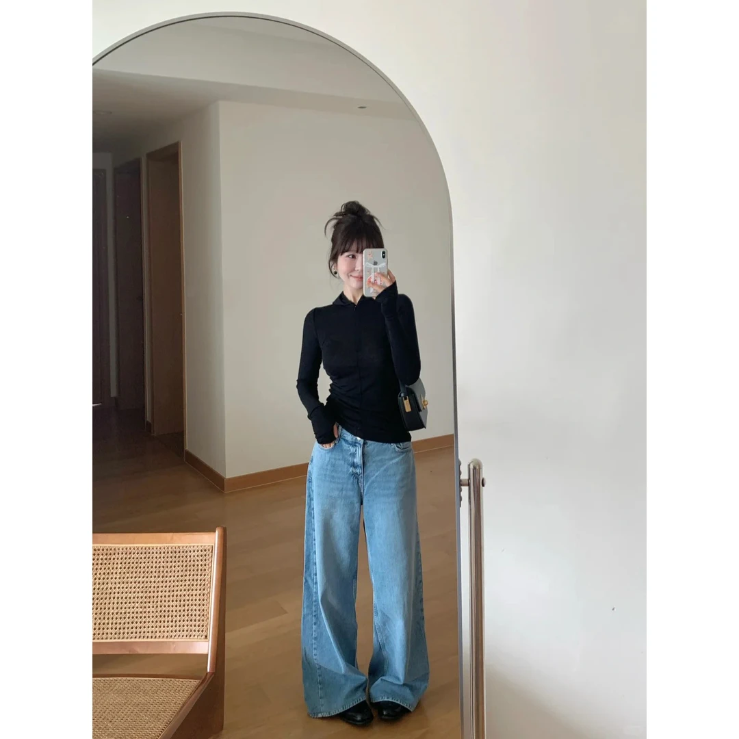 2025春季新款黑色连帽拉链修身显瘦长袖上衣休闲百搭牛仔裤套装女