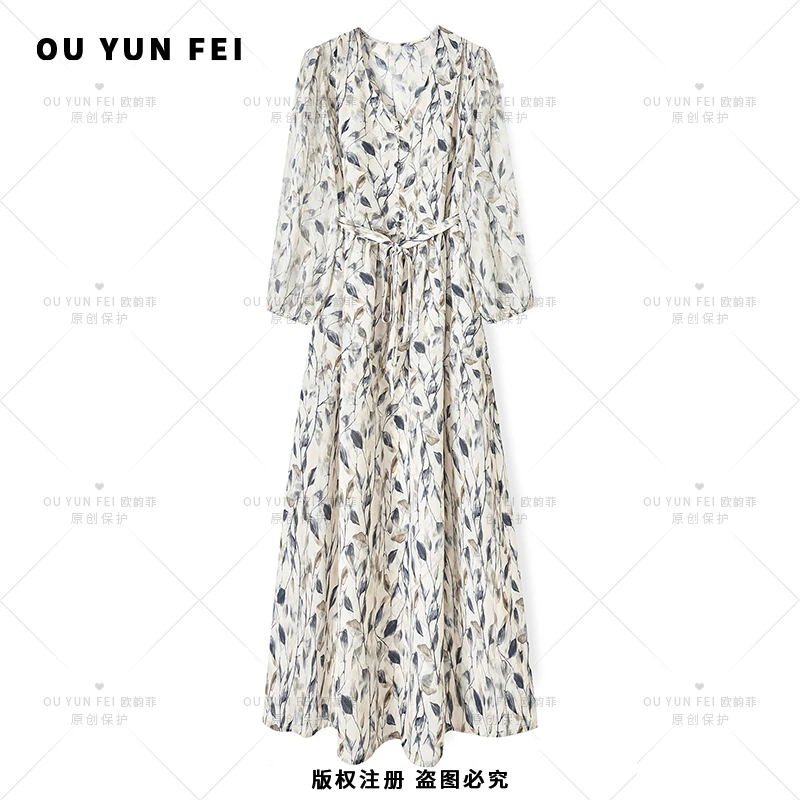 【晚风】女士时尚显瘦圆领V领长裙印花连衣裙收腰女装AY1131