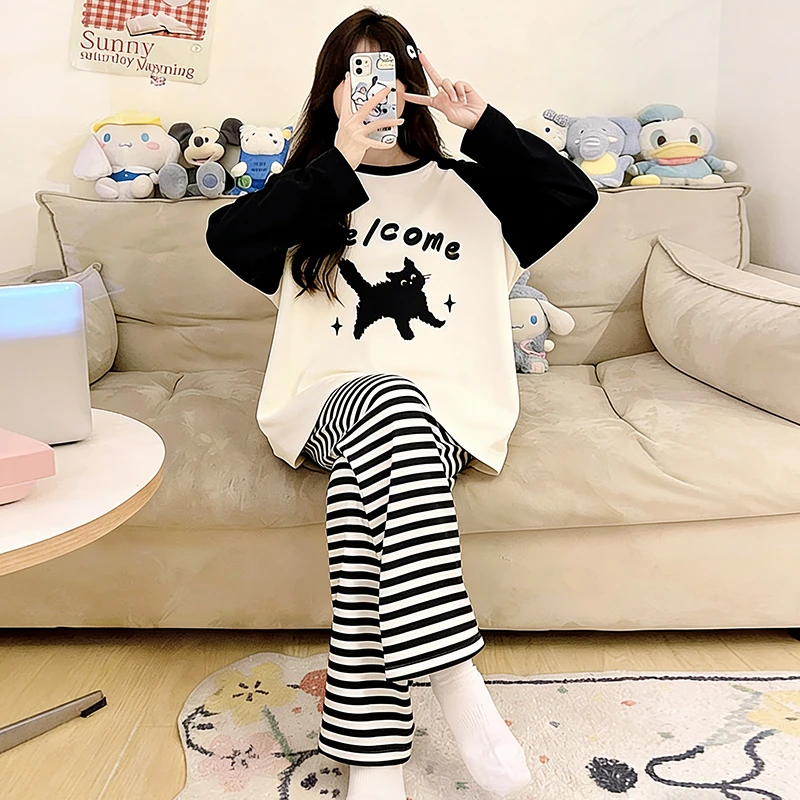 大码睡衣女春秋季长袖纯棉薄款卡通少女条纹新款可外穿家居服套装