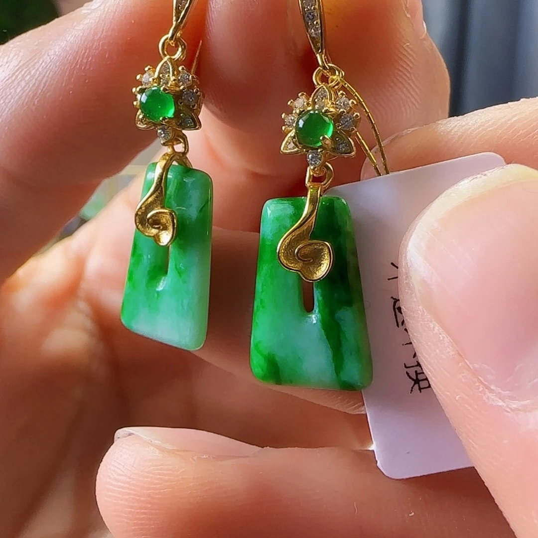 翡翠耳饰银S925镶嵌天然缅甸