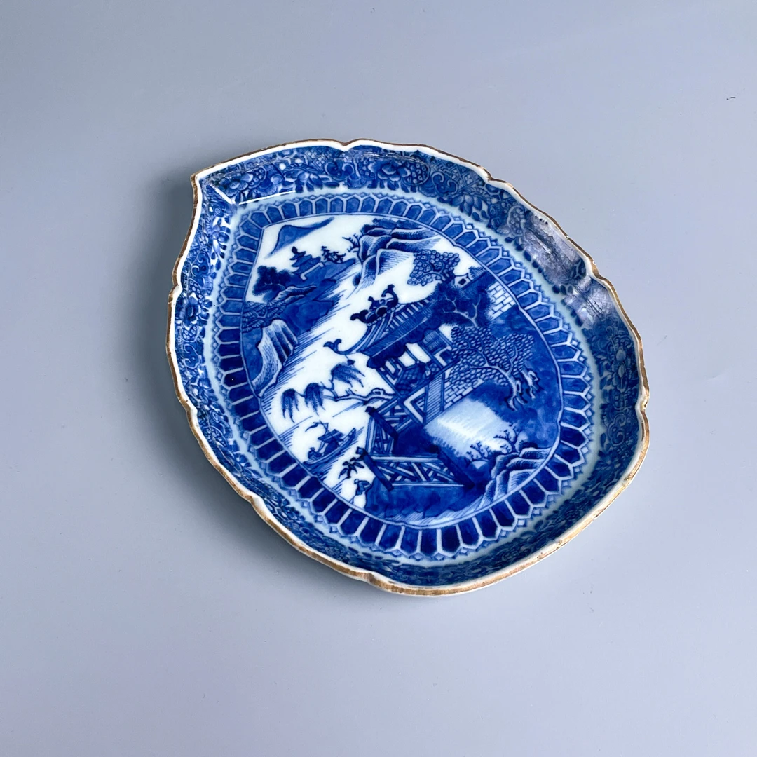 瓷器/古董清乾隆青花亭阁山水叶形盘M25CK001B56古玩/收藏/绣花张