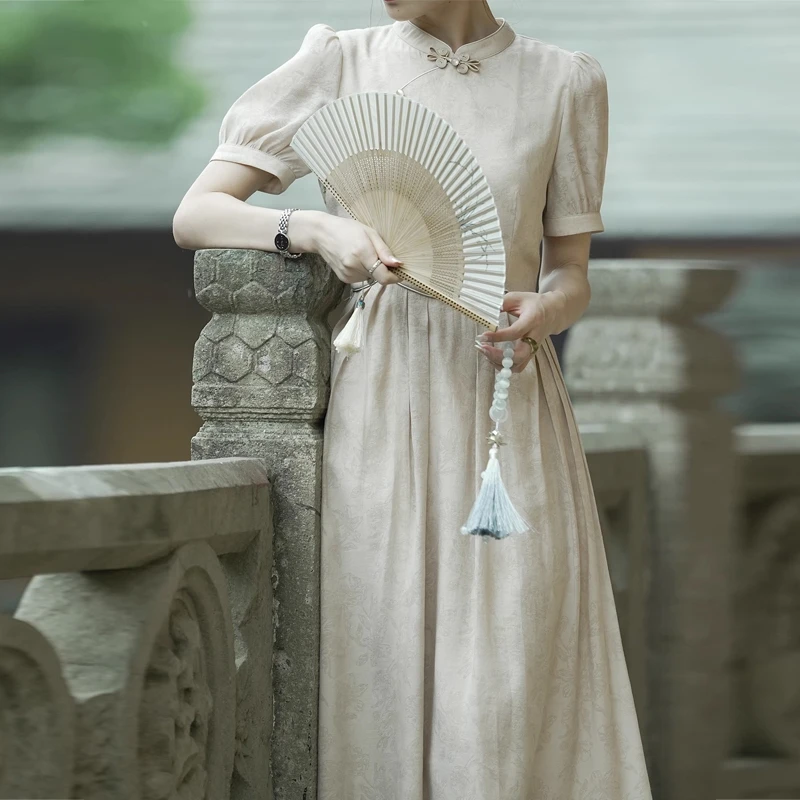 拉夏贝尔新中式提花国风气质连衣裙女2025夏季休闲减龄中长款裙子
