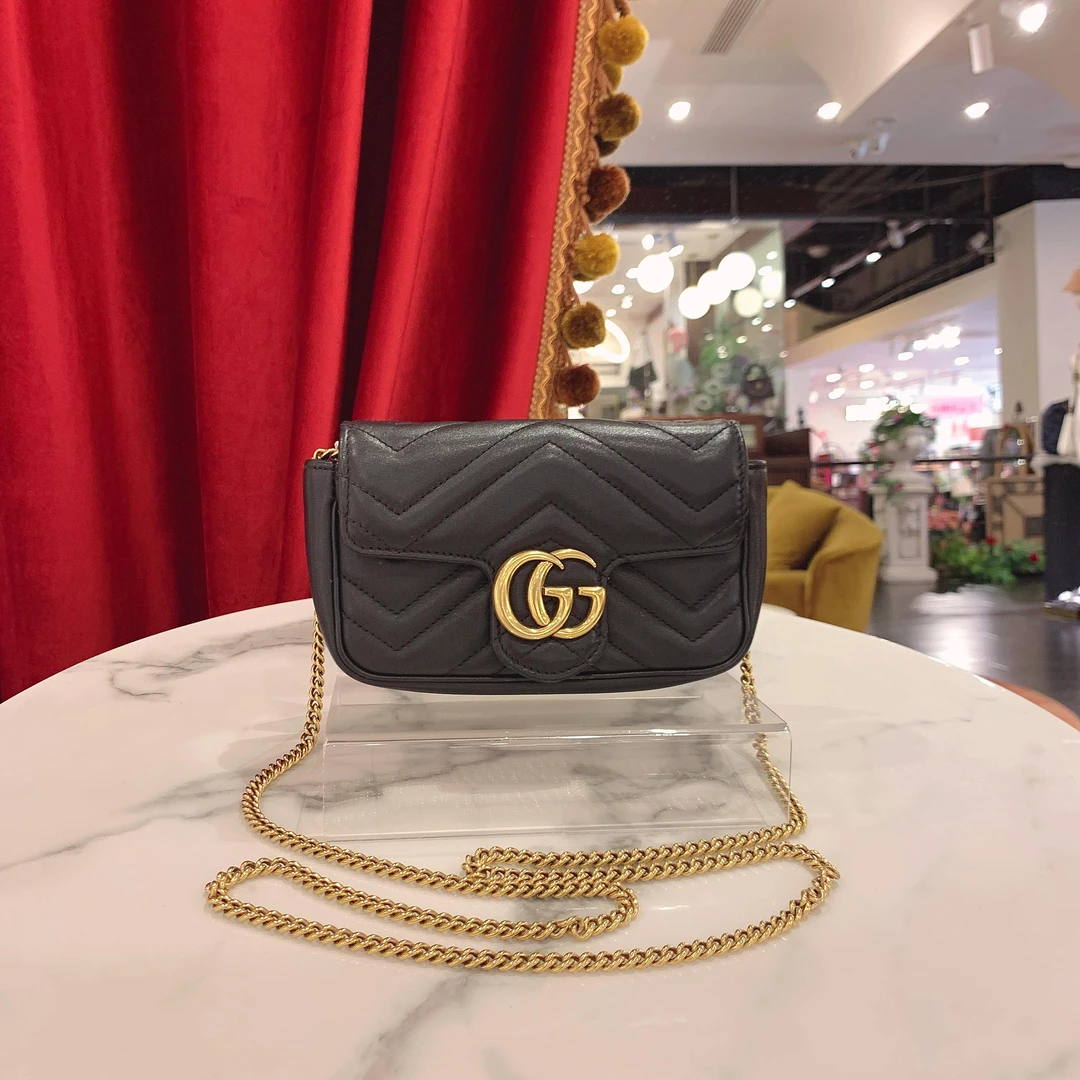 95新 GUCCI/古驰 GGS马蒙supermini黑金牛皮单肩包11229391