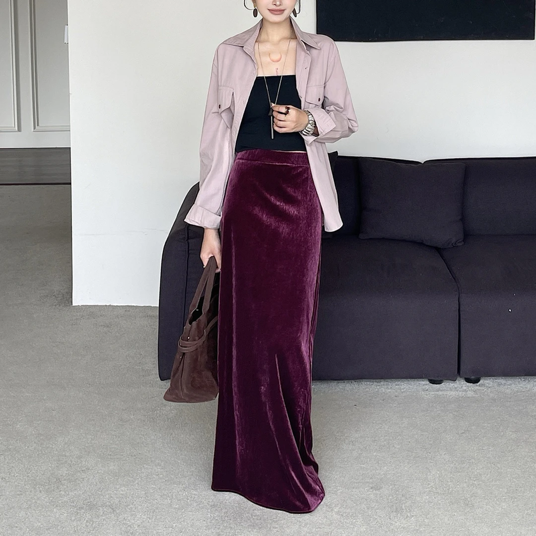 复古加绒丝绒高腰显瘦百搭包臀鱼尾半身裙秋冬长款高级感拖地裙