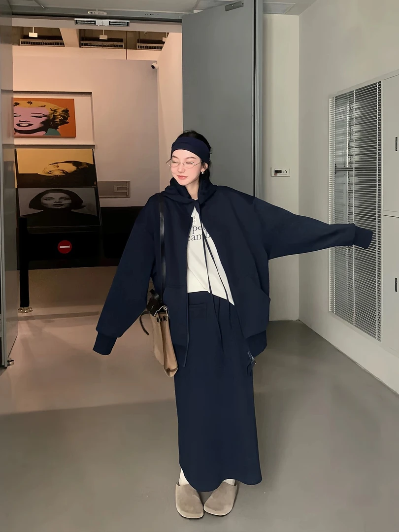 韩版宽松拉链外套+韩版直筒半身裙显瘦春季休闲套装