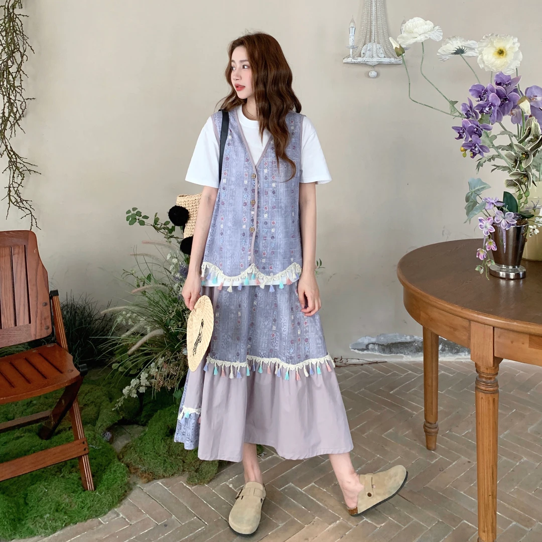 韩式减龄套装女2025夏新款叠穿白色短袖流苏印花马甲半身裙三件套