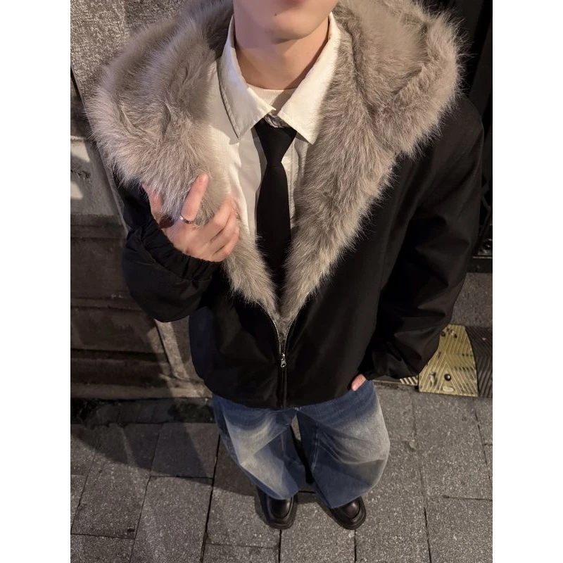 双面穿座山雕毛领棉服男款冬季连帽棉衣cleanfit加绒加厚保暖外套