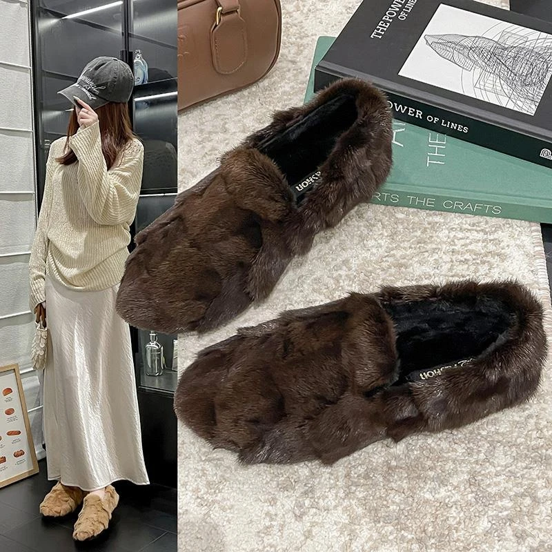 毛毛鞋女冬外穿加绒保暖厚底瓢鞋网红真皮女鞋平底豆豆鞋