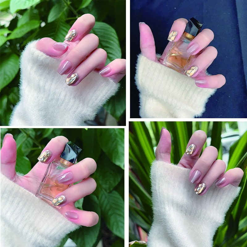 【C122香槟碎钻】裸色渐变猫眼带钻中款穿戴甲日常百搭气质温柔美甲