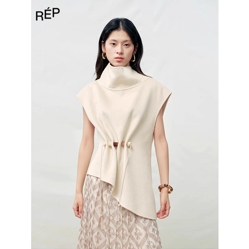 REP-CELLO SONATA设计师品牌米灰不规则高领串珠无绒上衣25FW