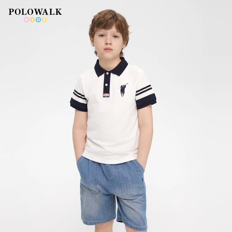 POLOWALK童装2025夏季新品男童短袖T恤撞色翻领条纹短袖POLO衫