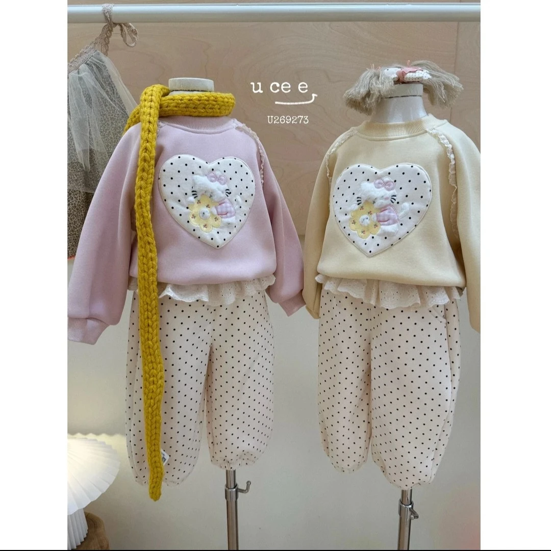 釉兮  秋冬女童加绒新款时尚波点套装上衣卫裤两件套