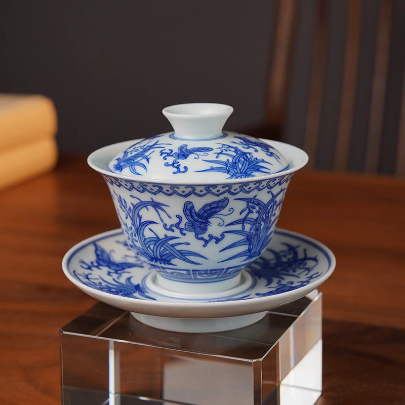 【见山烧】如意蝶恋花盖碗 景德镇纯手工 手绘盖碗