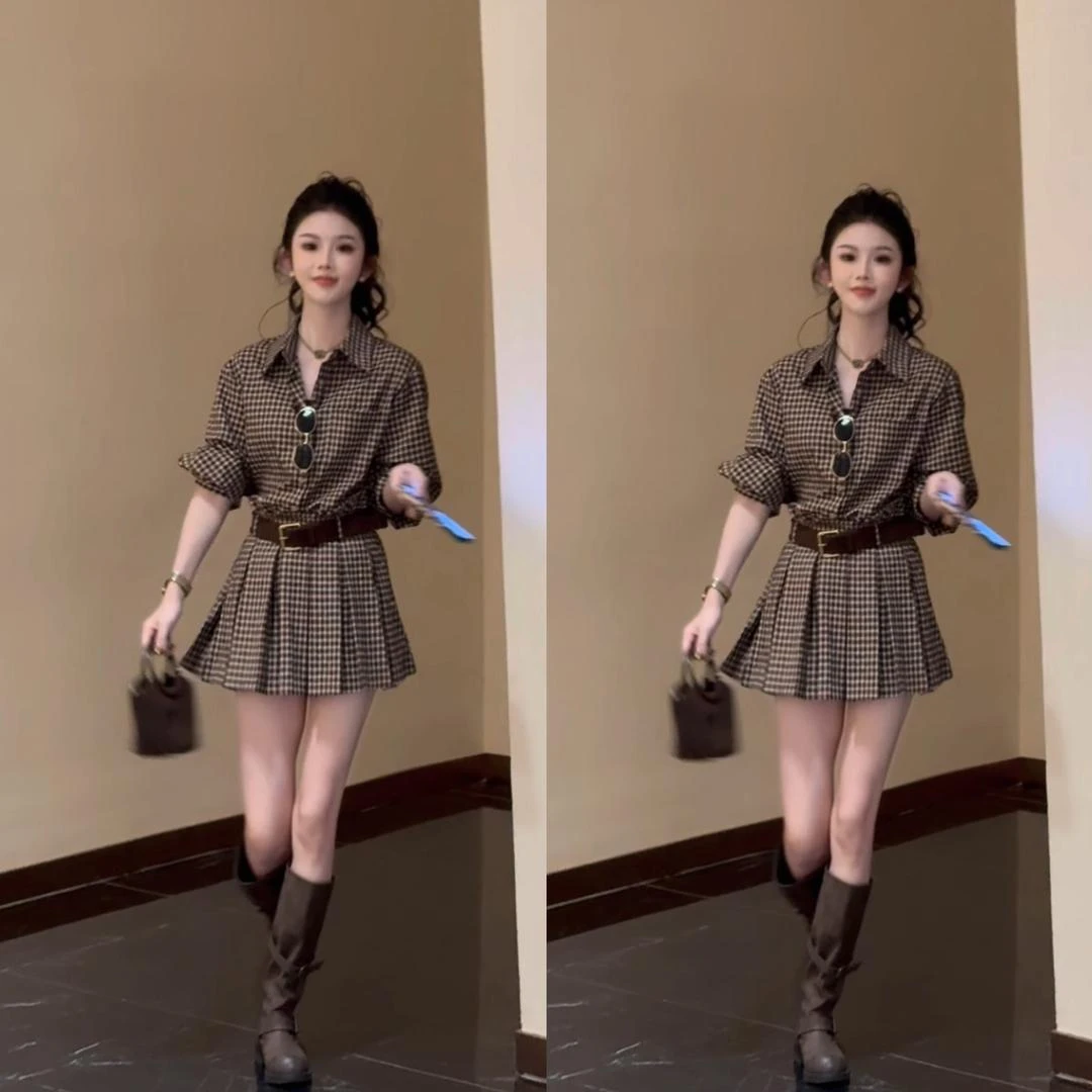 晚风落叶•早秋新款格子衬衫百褶连衣裙 短裤两件套