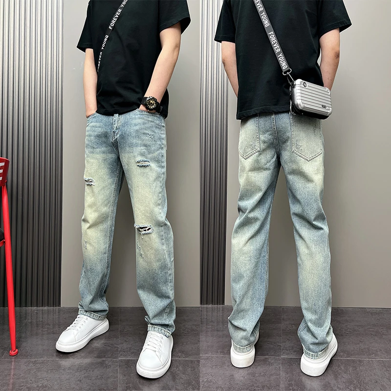春夏季潮流韩版痞帅水洗磨白蓝色破洞乞丐裤青年男士休闲牛仔裤子