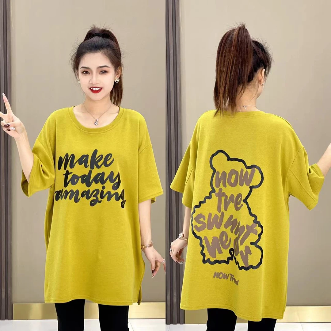 夏季新款 卡通印花休闲中长款显瘦上衣百搭圆领宽松字母短袖t恤女