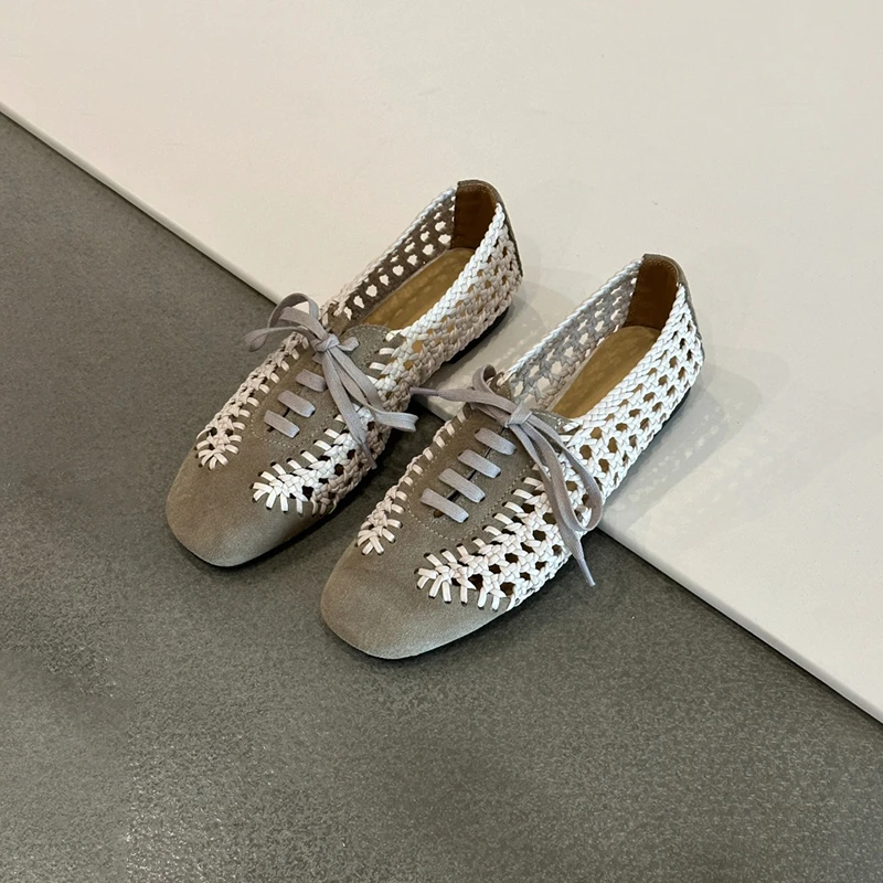 复古方头小众编织镂空透气休闲鞋女软底浅口单鞋交叉系带德训鞋女