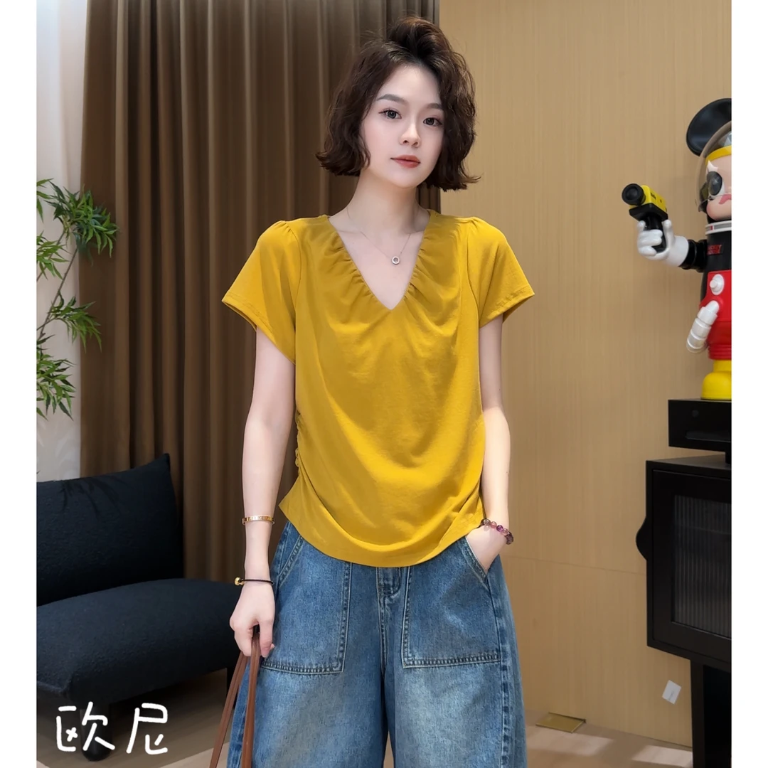 欧尼私服 2025夏新款慵懒风褶皱收腰显瘦短袖T恤上衣2507C3897