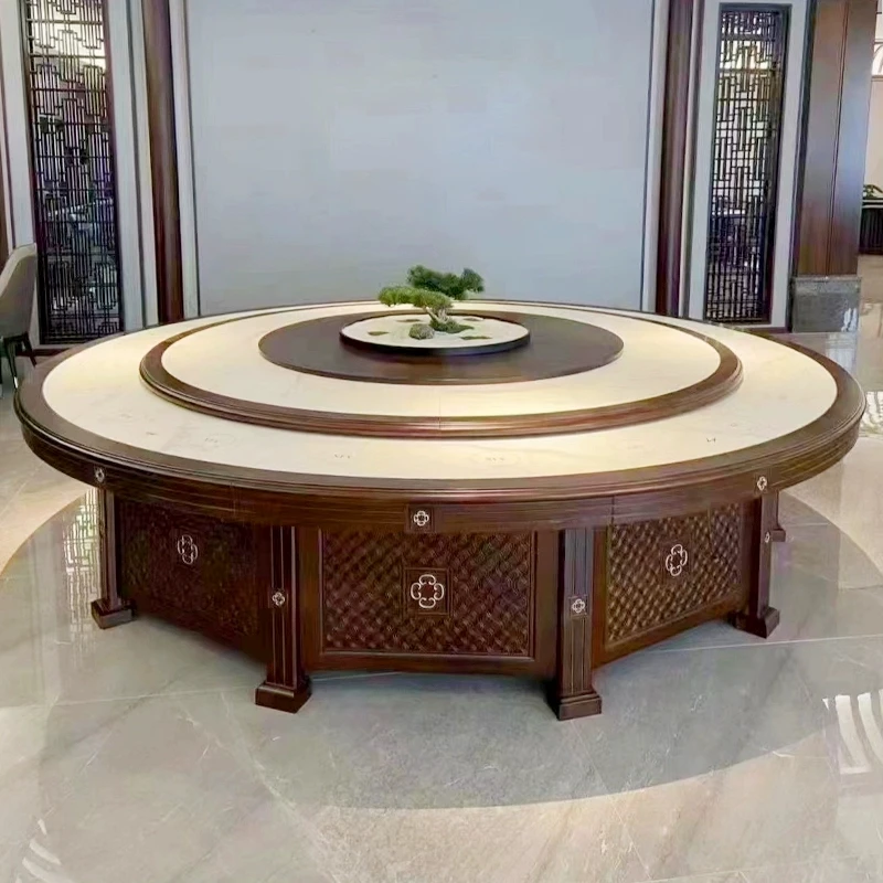 酒店电动大圆桌2米3米餐桌饭店餐厅包厢会所新中式实木转盘15人20