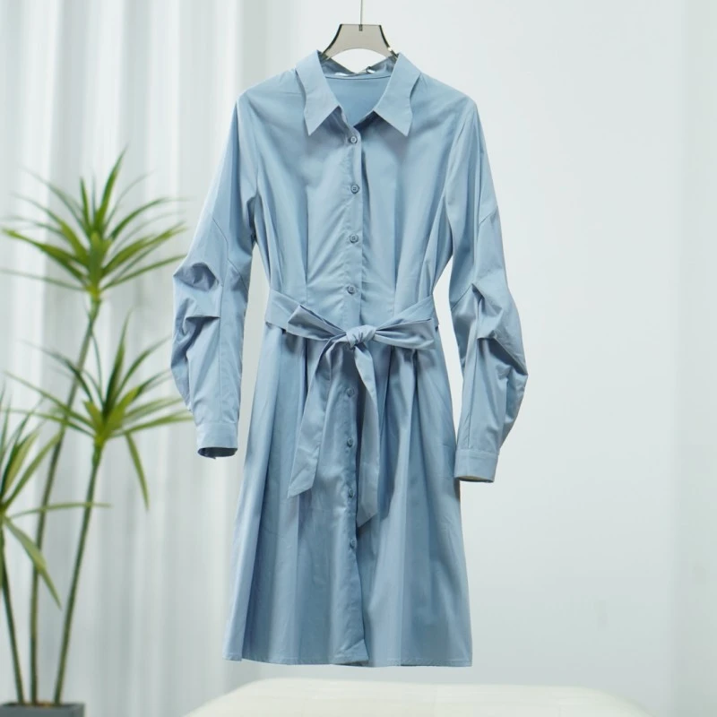 【诗M】O-645  女装春秋简约衬衫式收腰连衣裙蓝色1381082