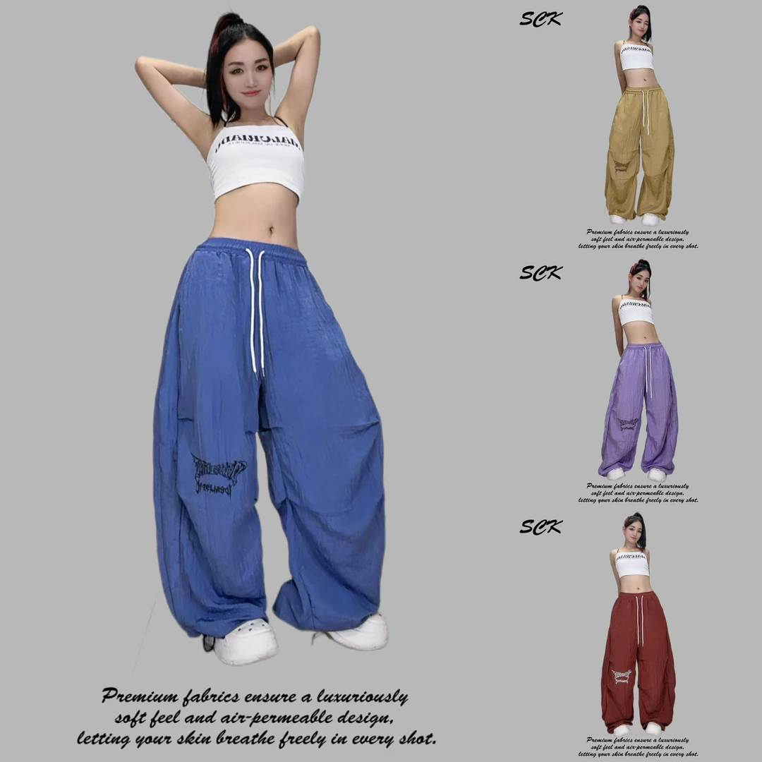 时超康SHI.CHAO.KANG.潮牌阔腿宽松长裤冰感水波皱休闲裤25072款