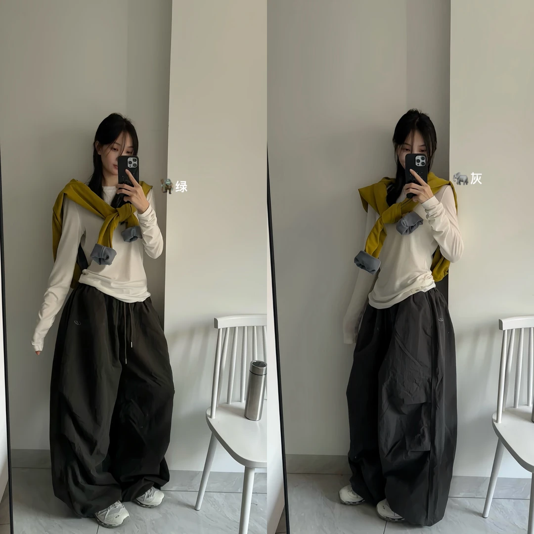 魚叁 加绒速干纯色降落伞工装裤松紧腰抽绳宽松皱褶美式工装长裤