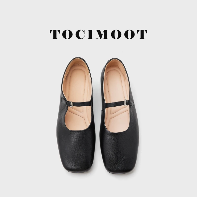 TOCIMOOT/新款真皮法式羊皮方头平底单鞋浅口银色玛丽珍鞋舒适y