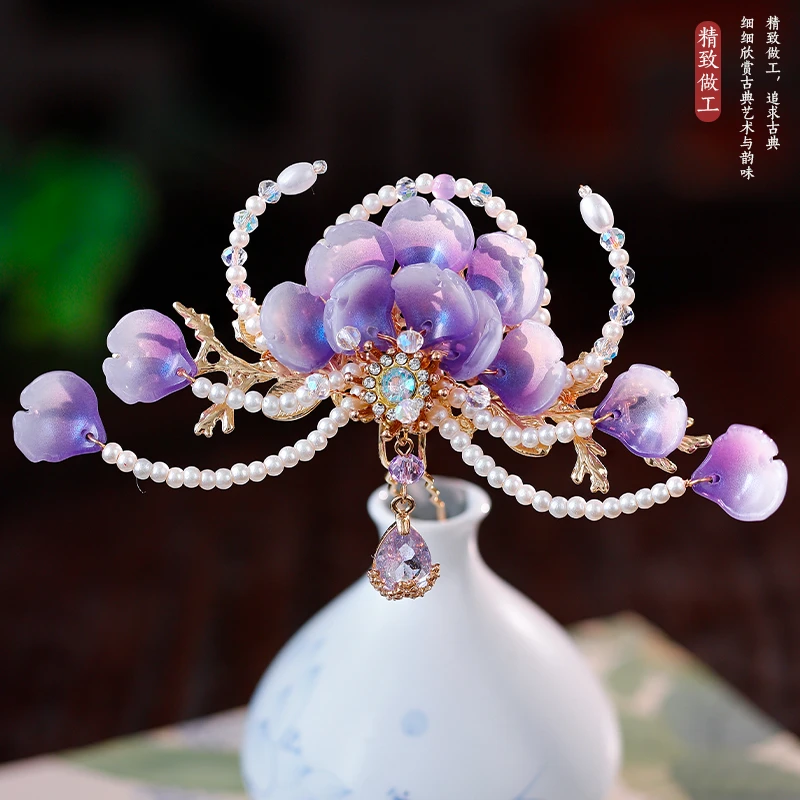 唐风古风百搭汉服少女头冠头饰紫色琉璃花瓣明制手工发冠饰品发饰