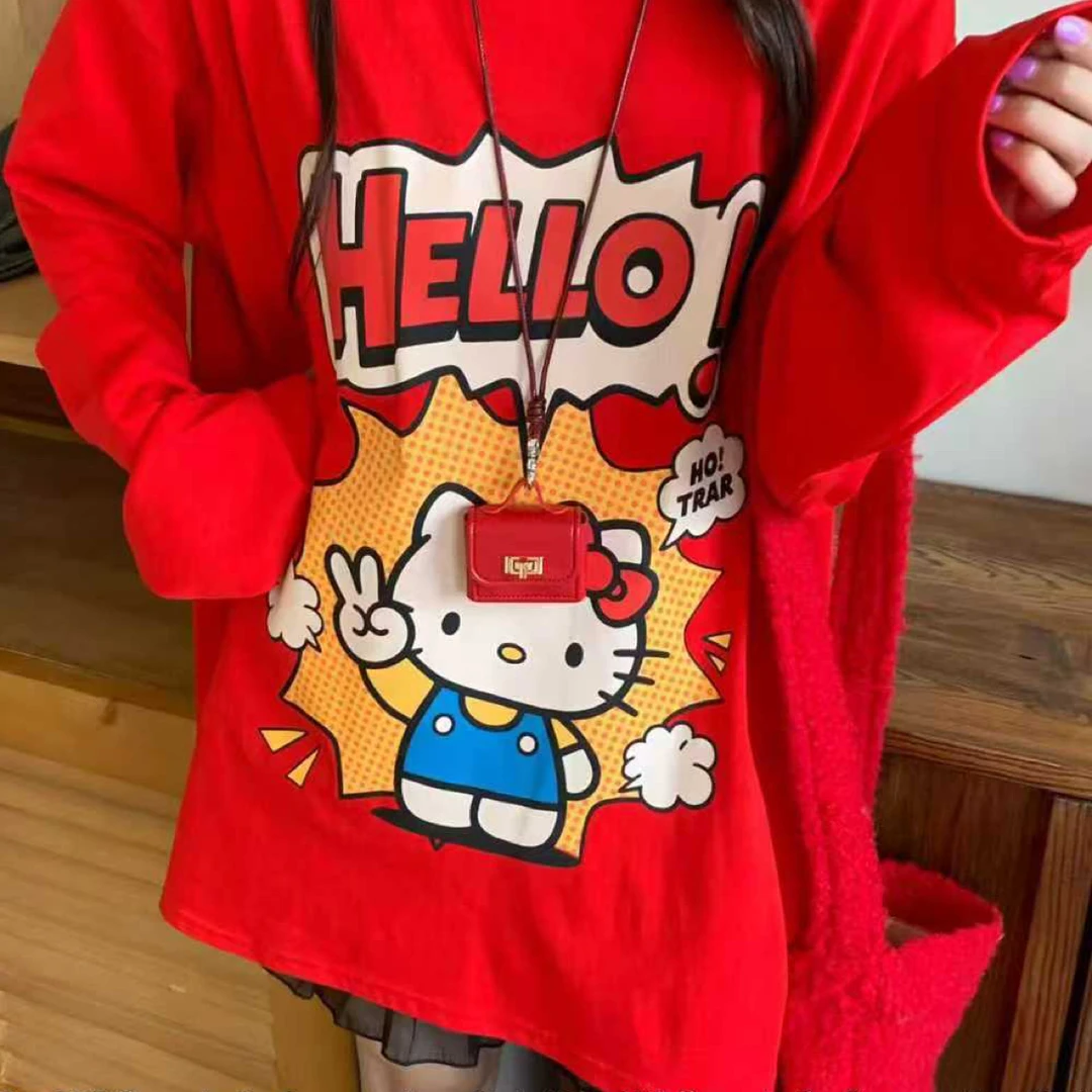 T恤休闲风时尚森系印花短袖情侣红色圆领长袖宽松